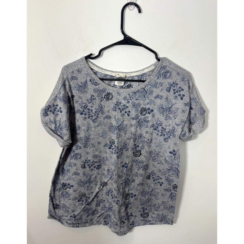 Lucky Brand Women's Large Short Sleeve Blouse Floral Print Navy Blue Gray Shirt